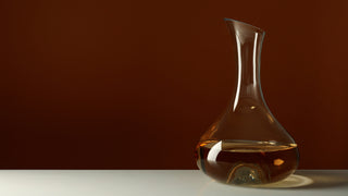 A stylish decanter with alcohol in it sits on a white table with a burgundy background.