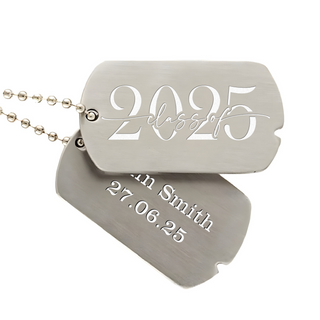 Two silver dog tags with engraved text.
