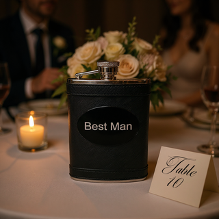 Black Flask with Black Plate Things Engraved