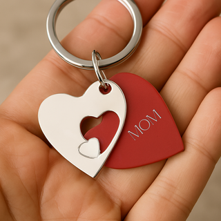 Layered Red and Silver Hearts Keychain with Custom Engraving - Things Engraved