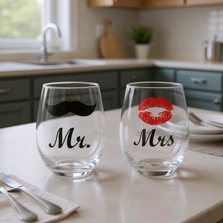 Mr & Mrs Lips and Moustache Stemless Wine Glass Engraved Set - Things Engraved