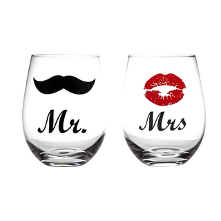 Mr & Mrs Lips and Moustache Stemless Wine Glass Engraved Set - Things Engraved