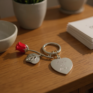 Metal Rose Keychain with Engravable Heart Charm - Things Engraved