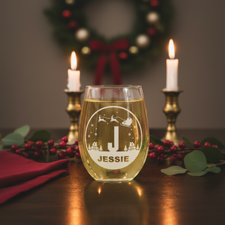 Personalized Christmas Monogram Stemless Wine Glass | Custom Engraved 16oz Holiday Gift
