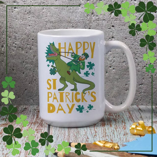 Leprechaun Riding Dinosaur Ceramic Mug 15 oz - Things Engraved