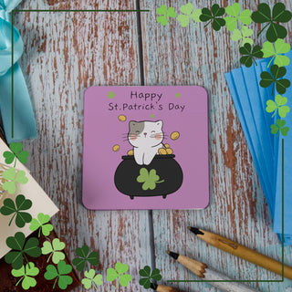 St. Patrick`s Day Cat in Gold Pot Square Coaster - Things Engraved