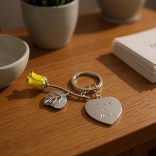 Metal Rose Keychain with Engravable Heart Charm - Things Engraved