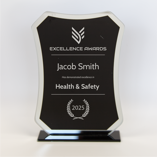 Black and white Excellence Award trophy.