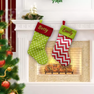 Personalized Colorful Christmas Stockings – Set of 2 | Custom Embroidered Holiday Stockings | Chevron & Polka Dot Design Things Engraved