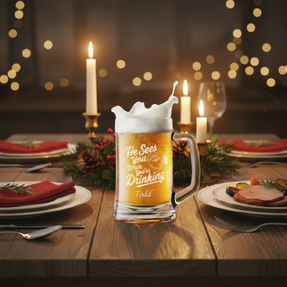 Personalized “He Sees You When You’re Drinking” Beer Glass Mug | Custom 16oz Holiday Beer Glass | Funny Christmas Gift