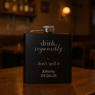 Drink Responsibly Black Metal Flask 6 oz - Things Engraved