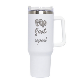 Sip, Smile, Repeat Travel Mug with Handle 40 oz White - Things Engraved