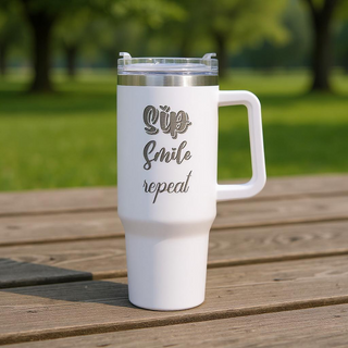 Sip, Smile, Repeat Travel Mug with Handle 40 oz White - Things Engraved