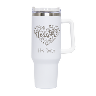 Heart of a Teacher Travel Mug with Handle 40 oz WHT - Things Engraved