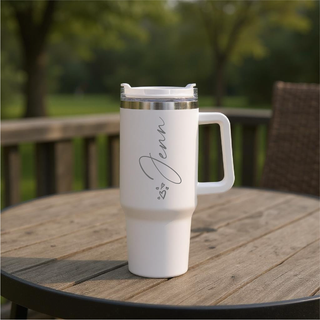 Custom Engraved Travel Mug with Handle 40 oz WHT - Things Engraved