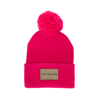 Pink Pom Pom Winter Toque with Custom Leather Patch - Things Engraved