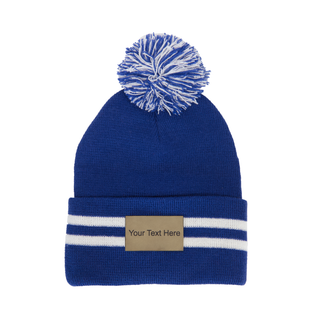 Blue & White Winter Toque with a Pom Pom & Leather Patch - Things Engraved