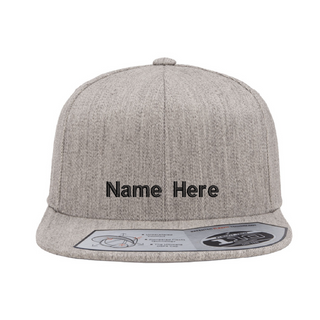 Light grey baseball hat with area on the front to add custom text in various embroidery colours.