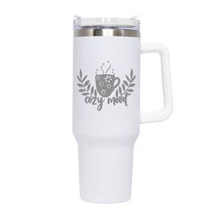 Cozy Mood  Travel Mug with Handle 40 oz WHT - Things Engraved