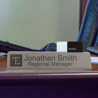 Custom Faux Leather Nameplate With Business Card Slot - Gray - Things Engraved
