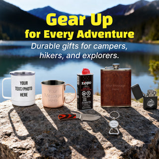 Outdoor hiking gear banner with gifts for campers and hikers.