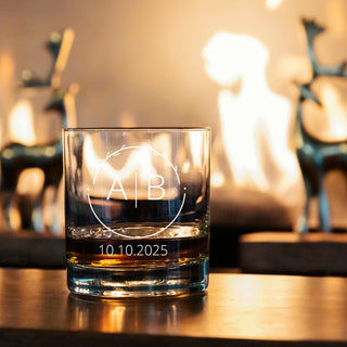Circled Couple Monogram With Date Custom Engraved Whiskey Glass - Things Engraved