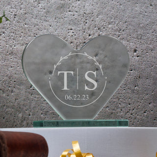 Circled Couple Monogram With Date Custom Engraved Heart Shaped Glass Award - Things Engraved