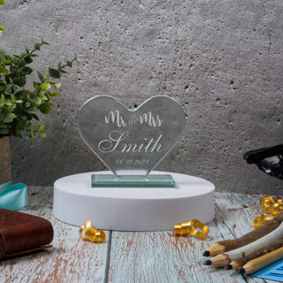Mr and Mrs Custom Engraved Glass Heart Shaped Wedding Gift - Things Engraved