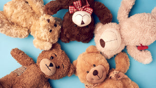 Various Teddy Bears Laying in a Circle on a Blue Background