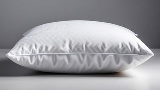 White pillow sitting on a grey surface with a gray wall behind it