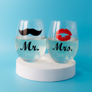 Mr & Mrs Lips and Moustache Stemless Wine Glass Engraved Set