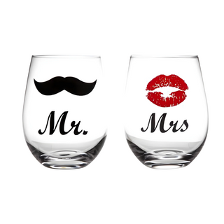 Mr & Mrs Lips and Moustache Stemless Wine Glass Engraved Set