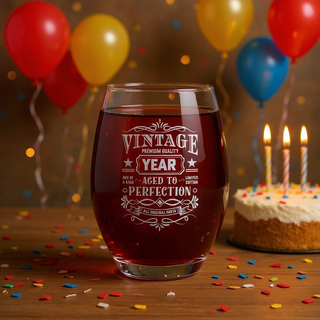 Vintage Birthday Stemless Wine Glass