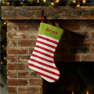 Elf Style Red Striped Stocking With Green Trim Things Engraved