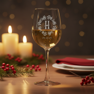 Personalized Christmas Monogram White Wine Glass | Custom Engraved 12oz Holiday Gift