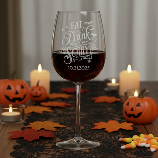 Personalized “Eat, Drink, and Be Scary” Red Wine Glass | Custom Halloween Wine Glass 16oz | Engraved Name or Message