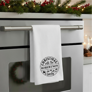 Personalized Christmas Family Name Dish Towel | Custom Printed Waffle Weave Kitchen Towel | Holiday Kitchen Décor