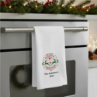 Personalized Season’s Greetings Dish Towel | Custom Printed Waffle Weave Kitchen Towel | Holiday Kitchen Gift