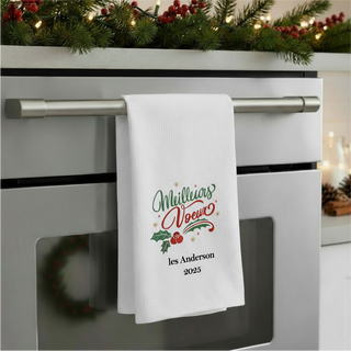 Personalized “Meilleurs Voeux” Dish Towel | Custom Printed Waffle Weave Kitchen Towel | Holiday Kitchen Gift
