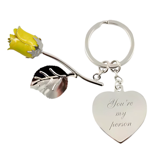 Metal Rose Keychain with Engravable Heart Charm