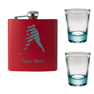 Hockey Red Flask and Shots with Custom Engraving