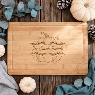 Personalized Thanksgiving Bamboo Cutting Board – Custom Engraved Pumpkin with Family Name Things Engraved