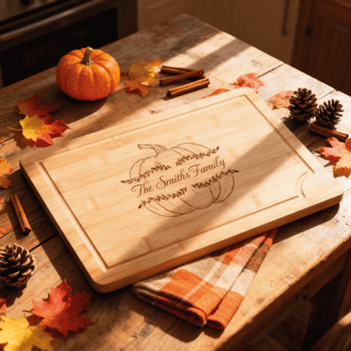 Wooden cutting board with engraved text on a wooden table with pumpkins and leaves.