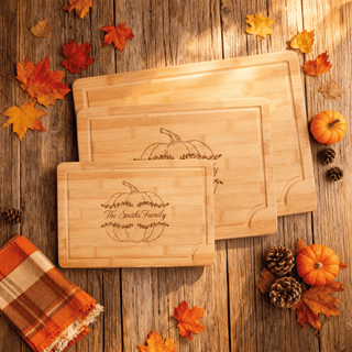 Personalized Thanksgiving Bamboo Cutting Board – Custom Engraved Pumpkin with Family Name Things Engraved