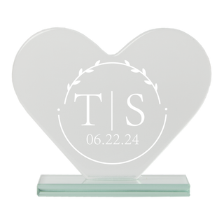 Circled Couple Monogram With Date Custom Engraved Heart Shaped Glass Award