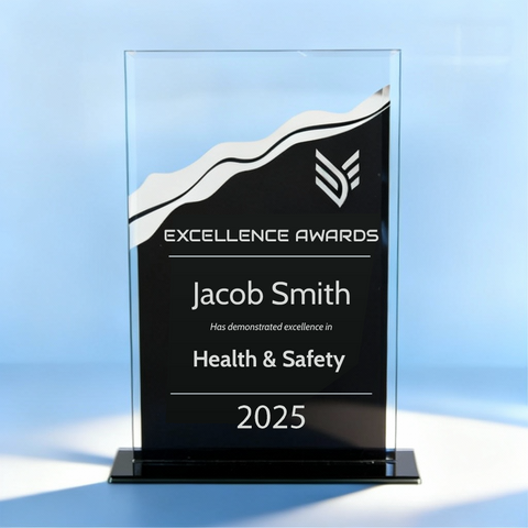 Glass award with black and white design.