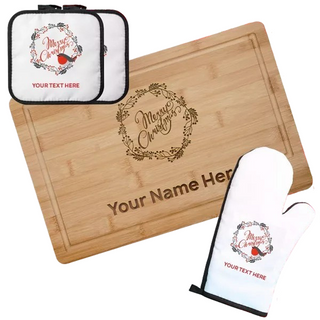 Personalized Christmas Bamboo Cutting Board, Oven Mitt & Pot Holder Set | Custom Holiday Kitchen Gift Things Engraved