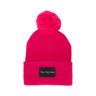 Pink Pom Pom Winter Toque with Custom Leather Patch