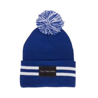 Blue & White Winter Toque with a Pom Pom & Leather Patch