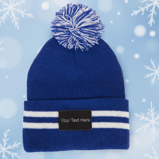 Blue & White Winter Toque with a Pom Pom & Leather Patch